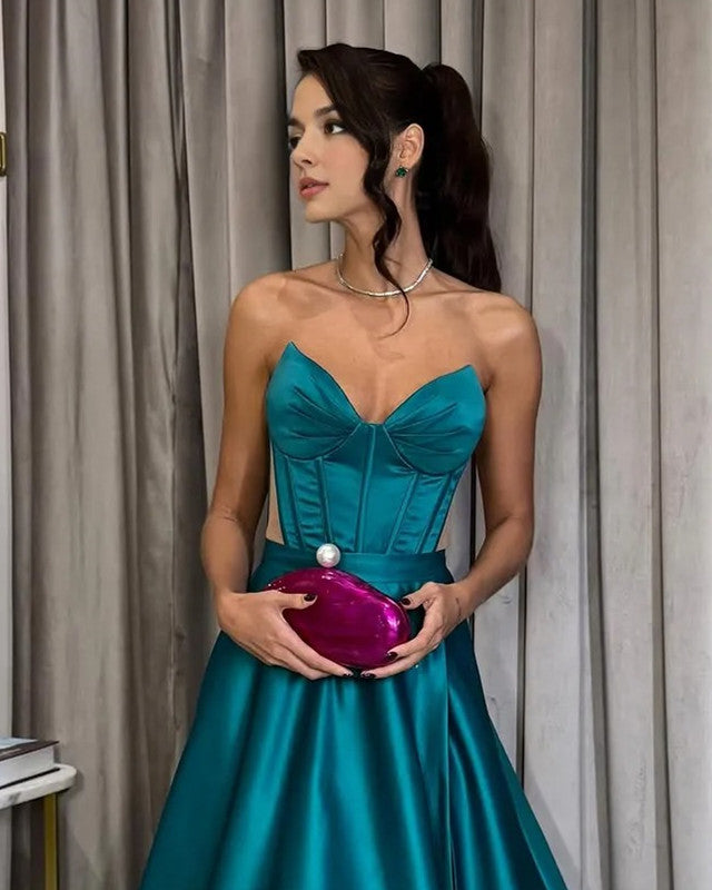 A-line Teal Satin Boned Corset Dress A-line Teal Satin Boned Corset Dress