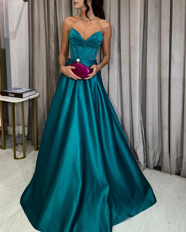 A-line Teal Satin Boned Corset Dress