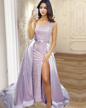 Load image into Gallery viewer, One Shoulder Leg Slit Mermaid Sequin Dress With Satin Train
