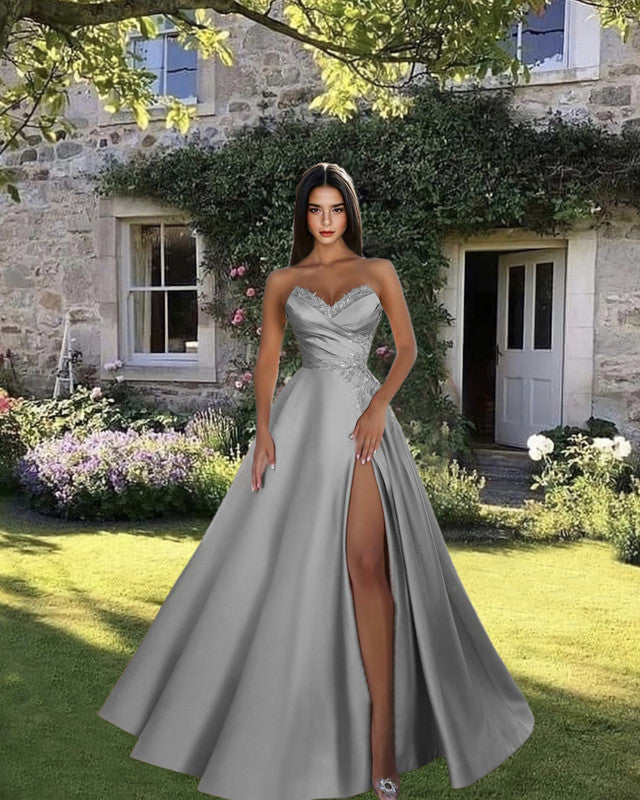 Long Satin V-neck Appliques Split Dress – alinanova