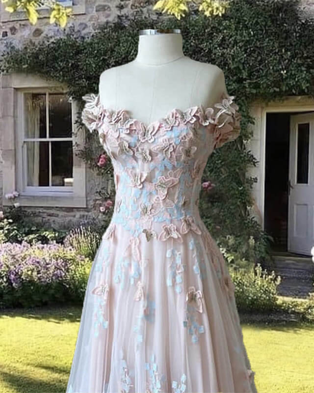 Pink A-line Butterfly Prom Dress