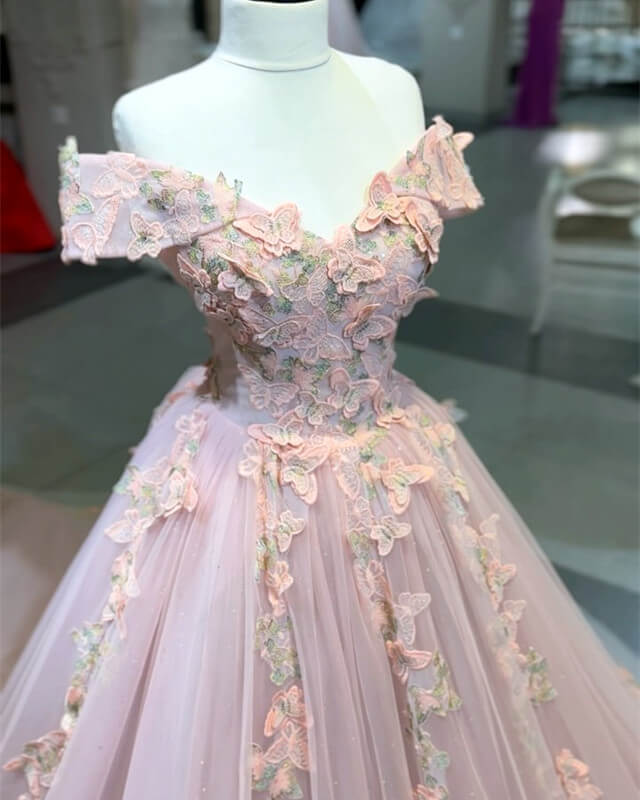 Pink Butterfly Embroidery Ball Gown Dress