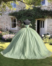 Load image into Gallery viewer, Sage Tulle Ball Gown Off Shoulder Dress
