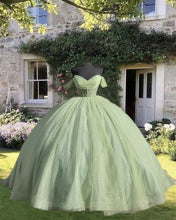 Load image into Gallery viewer, Sage Tulle Ball Gown Off Shoulder Dress
