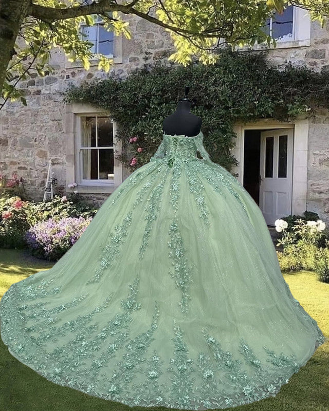 Sage Tulle Appliques Quince Dress With Sleeves Sage Tulle Appliques Quince Dress With Sleeves