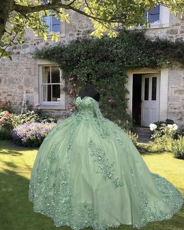 Sage Tulle Appliques Quince Dress With Sleeves