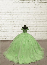 Load image into Gallery viewer, Enchanted Sage Tulle Ball Gown With 3D Flowers.
