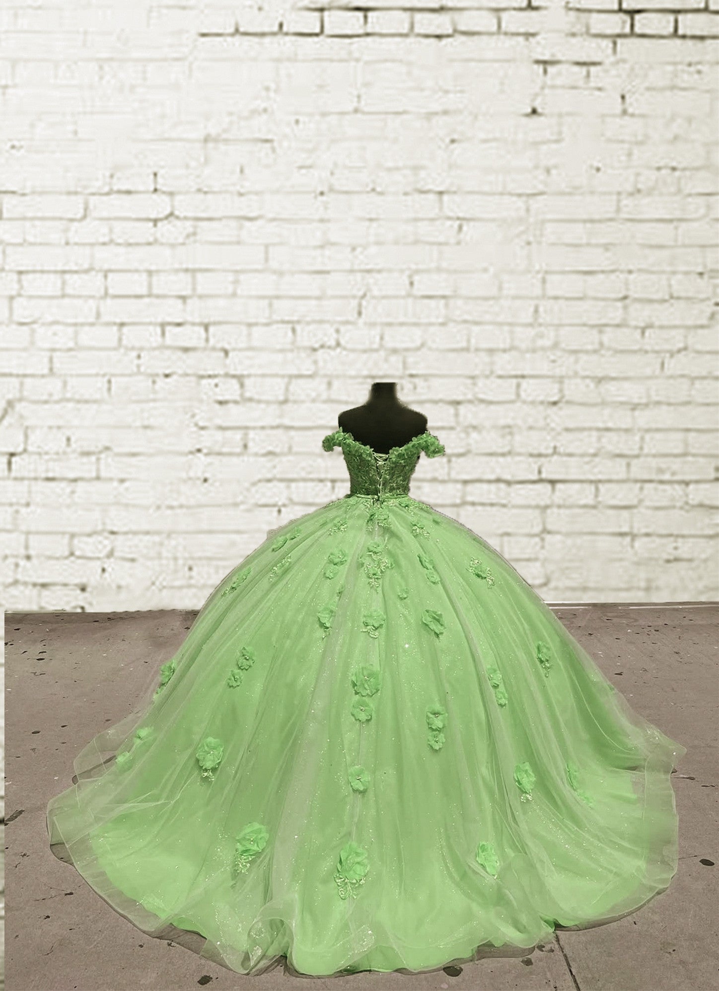 Enchanted Sage Tulle Ball Gown with 3D Flowers.