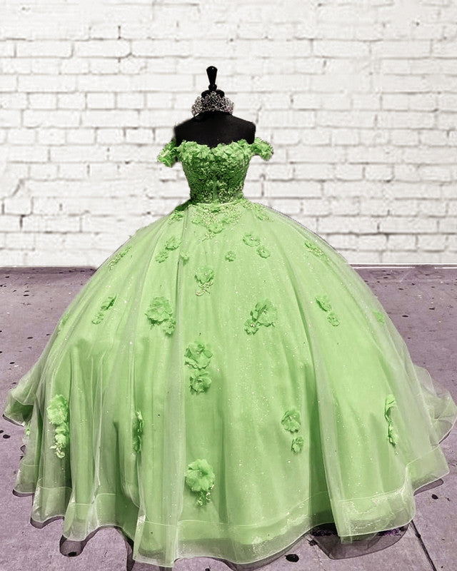 Enchanted Sage Tulle Ball Gown With 3D Flowers