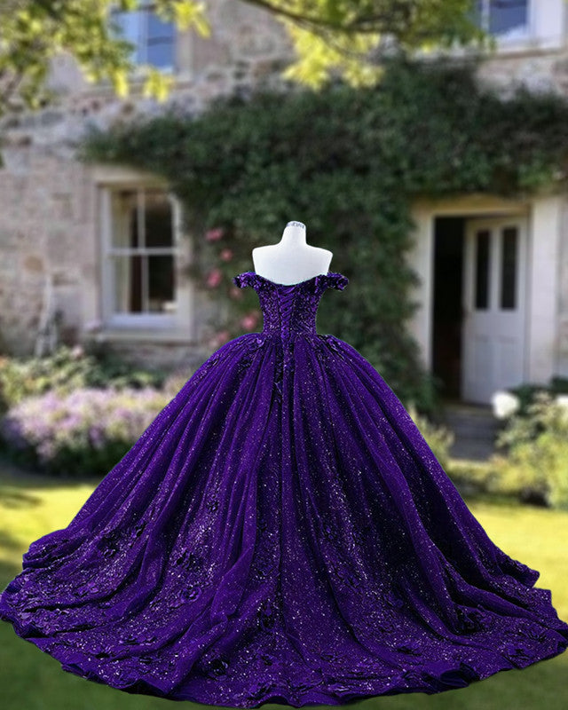 Purple Sparkly Ball Gown with 3D Flowers Purple Sparkly Ball Gown with 3D Flowers