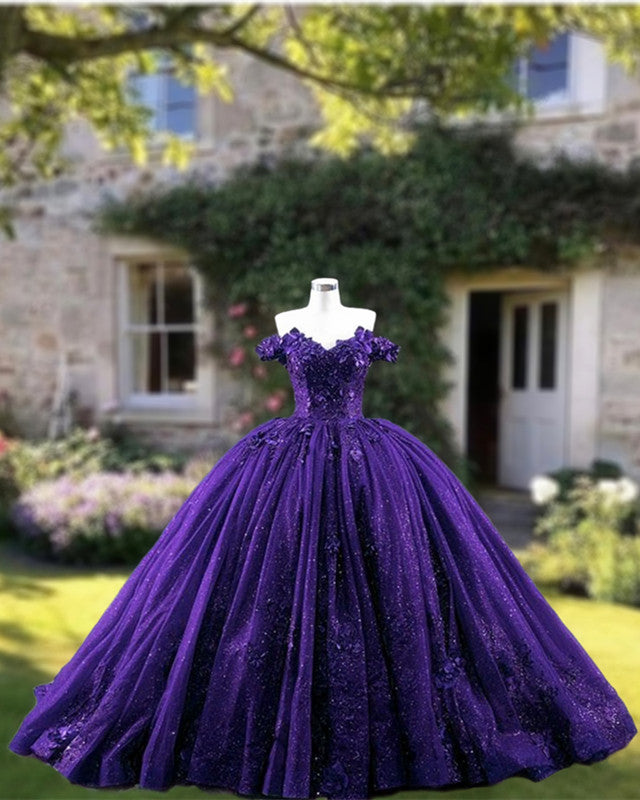 Purple Sparkly Ball Gown With 3D Flowers