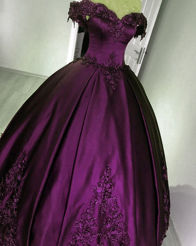 Gorgeous Ball Gown Off-Shoulder Lace Beaded Satin Dress