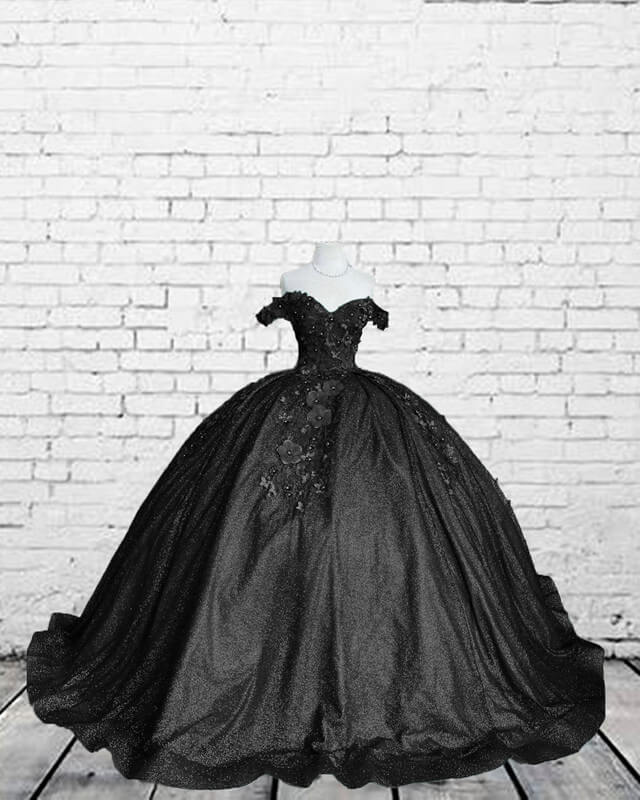 fitted lace wedding dress Black Sparkly Ball Gown Dress with 3D Flowers
