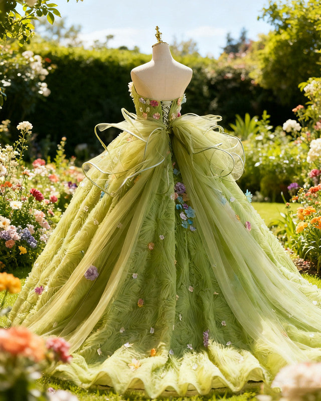 Sage Green Layered Ball Gown with 3D Flowers