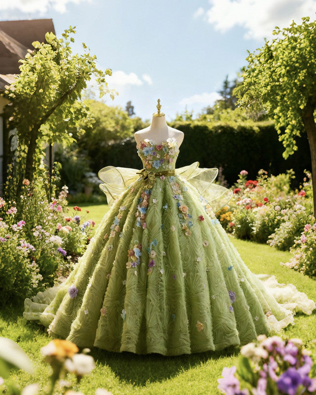 Sage Green Layered Ball Gown With 3D Flowers