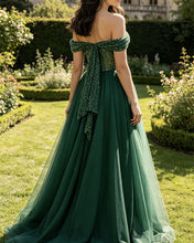 Load image into Gallery viewer, Vera | Emerald Green Tulle Off Shoulder Dress
