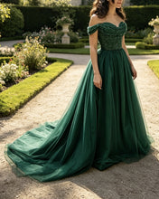 Load image into Gallery viewer, Vera | Emerald Green Tulle Off Shoulder Dress
