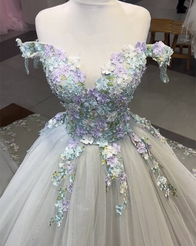 Floral Beaded Tulle Ball GownWedding Dress