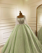 Load image into Gallery viewer, Sage Tulle Ball Gown With Sequin Pattern

