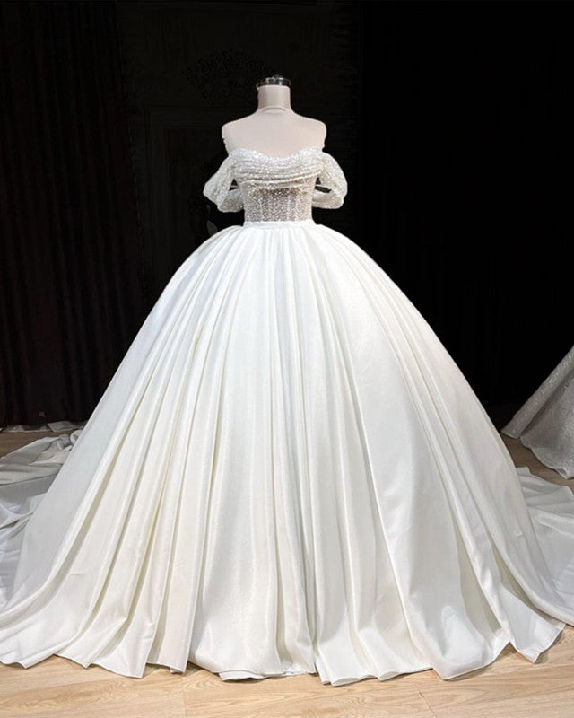 Sparkly Off Shoulder Wedding Ball Gown Satin Dress