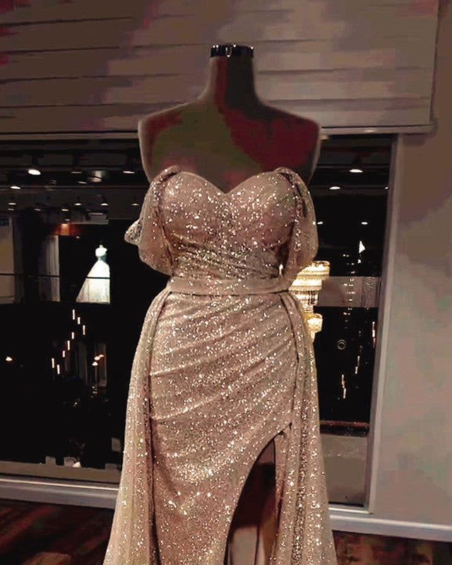 mermaid rose gold wedding dress Champagne Sparkly Off Shoulder Mismatched-Bridesmaid-Dresses