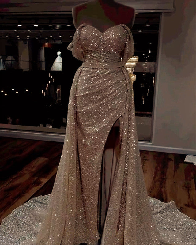 Mermaid Champagne Sparkly Off Shoulder Wedding Dress