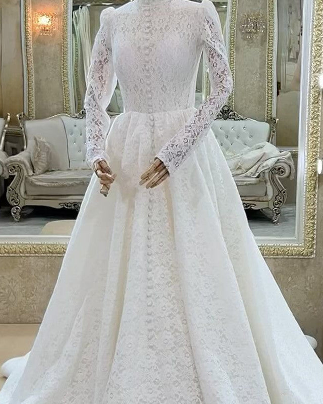 modest long sleeve wedding dresses Modest Lace High Neck Long Sleeve Wedding Dress