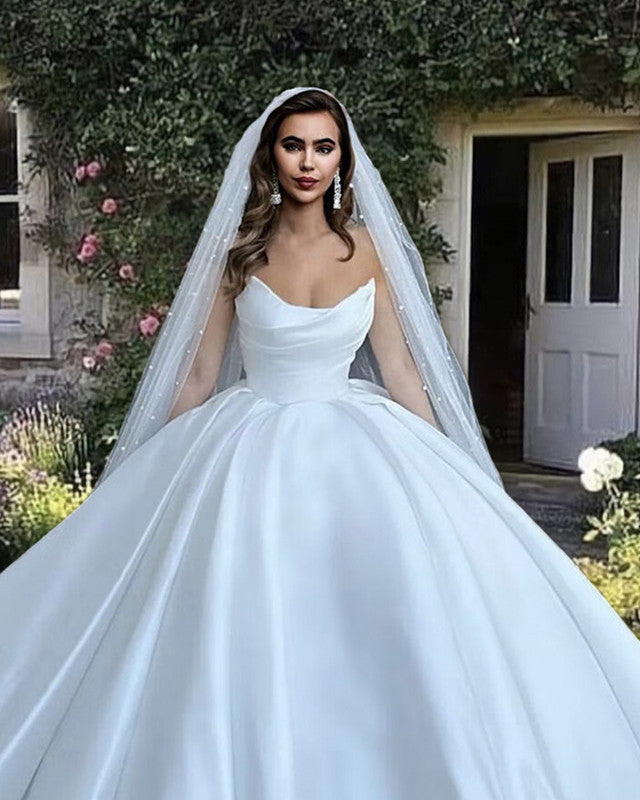 satin wedding dress with veil High slit wedding dress