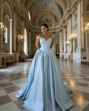 Load image into Gallery viewer, Zora | Light Blue Satin Off Shoulder Dress

