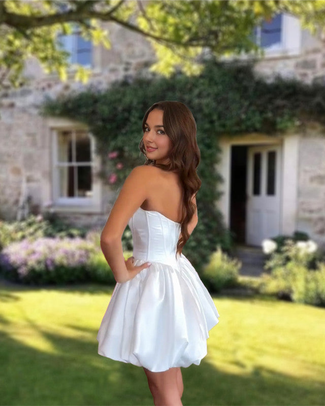 Short White Satin Ruffle Homecoming Dress Short White Satin Ruffle Homecoming Dress