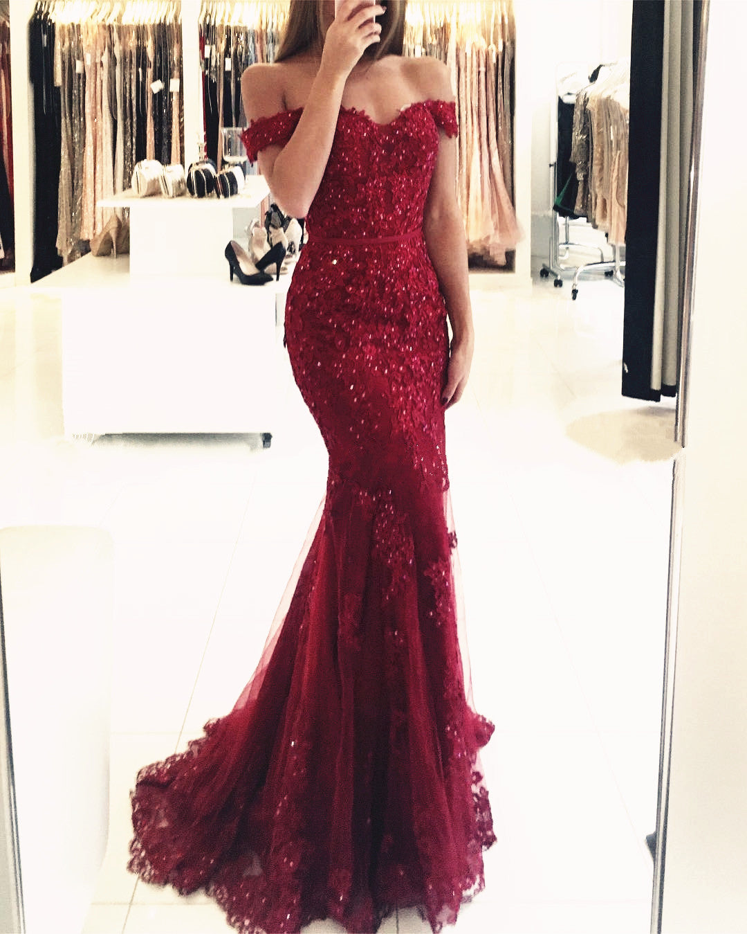 Elegant Lace Mermaid Off Shoulder Prom Dress alinanova Elegant Lace Mermaid Off Shoulder Prom Dress alinanova