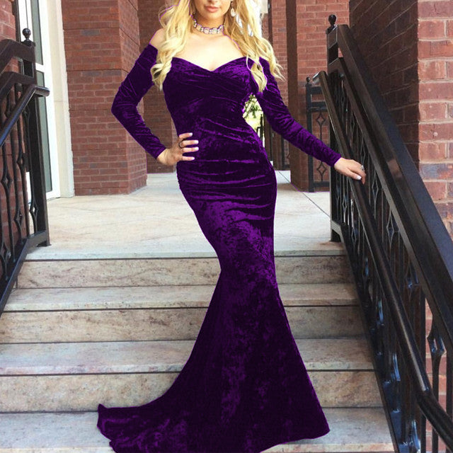 V Neck Off Shoulder Velvet Prom Dress Long Sleeves Mermaid Evening Gowns