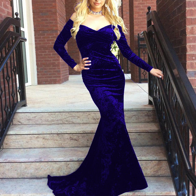 V Neck Off Shoulder Velvet Prom Dress Long Sleeves Mermaid Evening Gowns V Neck Off Shoulder Velvet Prom Dress Long Sleeves Mermaid Evening Gowns