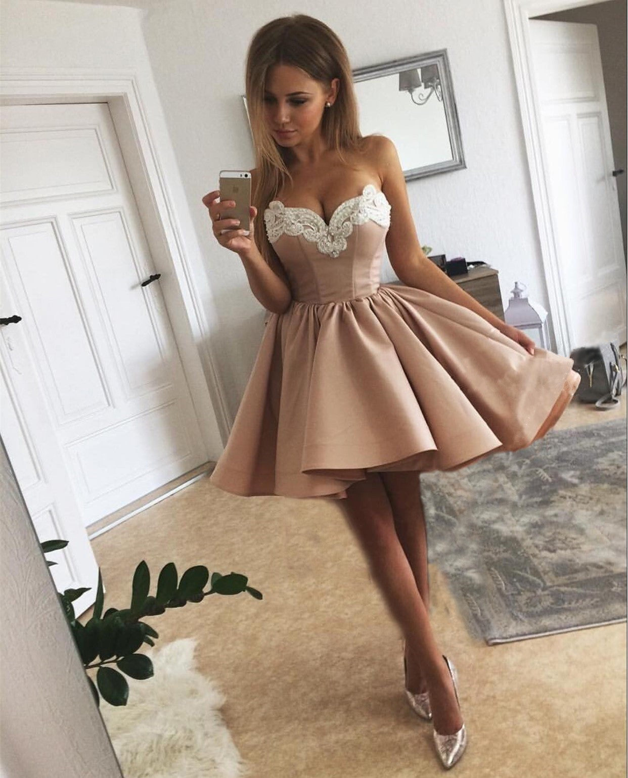 nude dresses for homecoming Pearl Embroidery Sweetheart Pink Satin A Glamorous Form Fitting