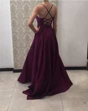 Load image into Gallery viewer, Long Deep V Neck Satin Cross Back Dress
