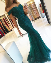 Load image into Gallery viewer, Elegant Pearl Beaded Lace Mermaid Evening Dresses Off The Shoulder Prom Gowns
