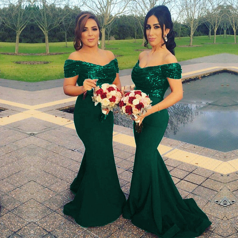 Glitter Sequin V-neck Off The Shoulder Satin Mermaid Bridesmaid Dresses Glitter Sequin V-neck Off The Shoulder Satin Mermaid Bridesmaid Dresses