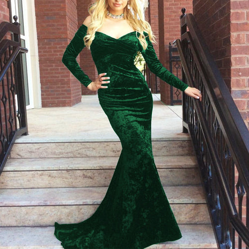 V Neck Off Shoulder Velvet Prom Dress Long Sleeves Mermaid Evening Gowns-alinanova