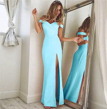Load image into Gallery viewer, V Neck Off The Shoulder Satin Mermaid Evening Dress Long Split Prom Gown
