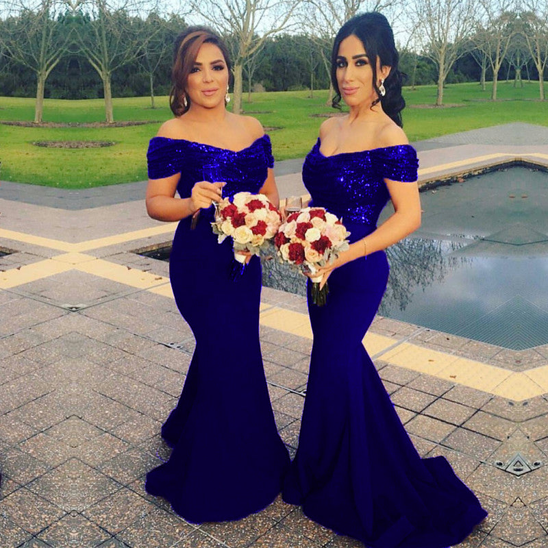 Sparkly Sequin V-Neck Off The Shoulder Satin Mermaid Bridesmaid Dress alinanova Sparkly Sequin V-Neck Off The Shoulder Satin Mermaid Bridesmaid Dress alinanova