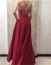 Load image into Gallery viewer, Long Deep V Neck Satin Cross Back Dress
