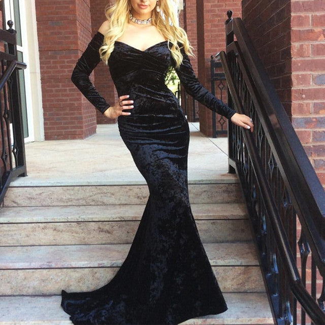 V Neck Off Shoulder Velvet Prom Dress Long Sleeves Mermaid Evening Gowns