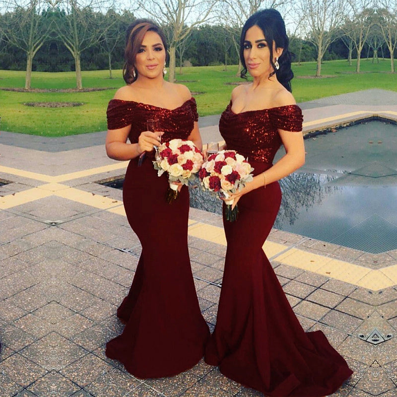 burgundy sparkly bridesmaid dress Glitter Sequin V-neck Off The Shoulder Satin Mermaid Dresses Width:D - Medium designed to highlight your anastasia dress Modern Strapless Silk A-Line