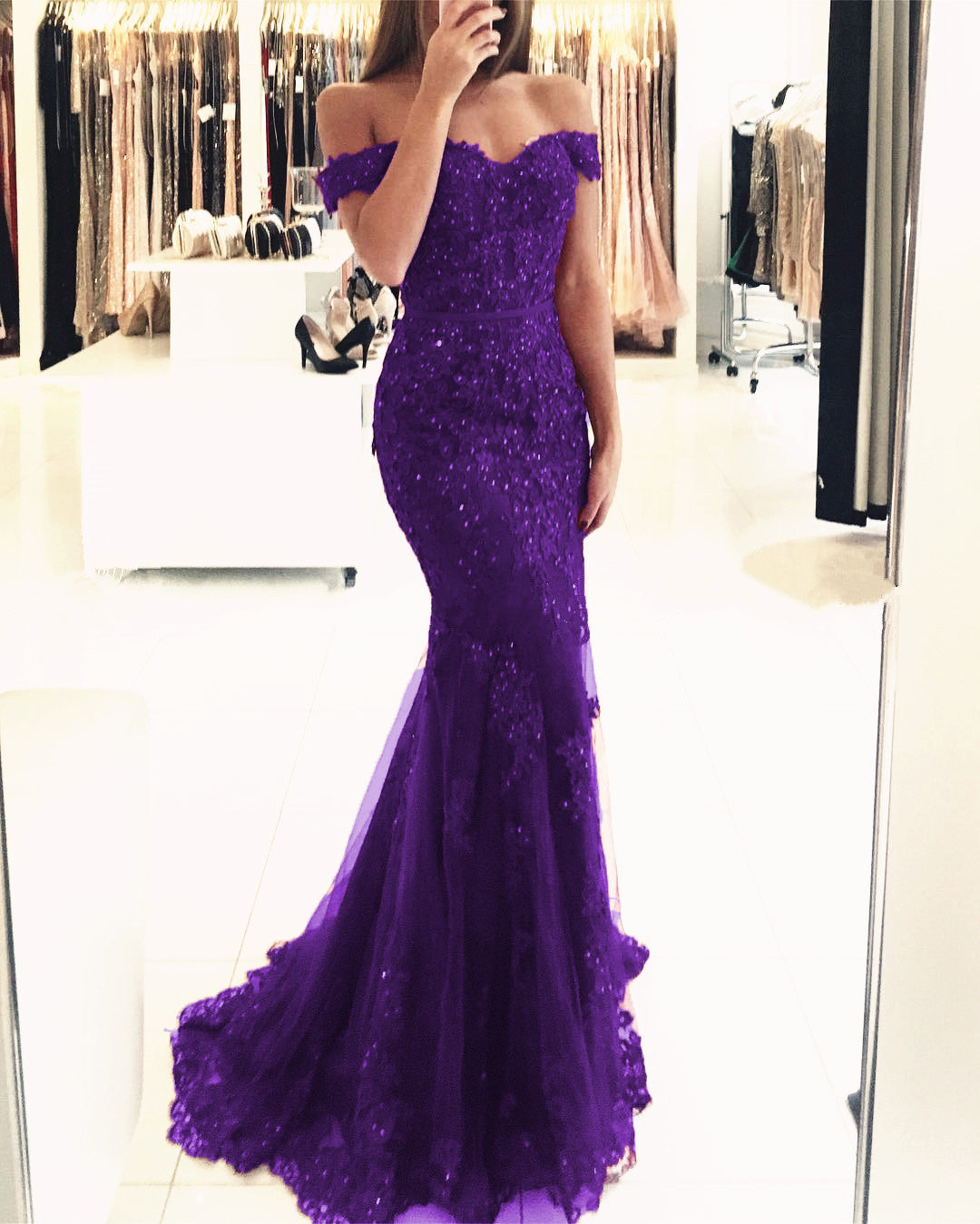 Elegant Lace Mermaid Off Shoulder Prom Dress – alinanova