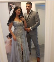 Load image into Gallery viewer, Silver Lace Off The Shoulder Mermaid Prom Dresses With Slit
