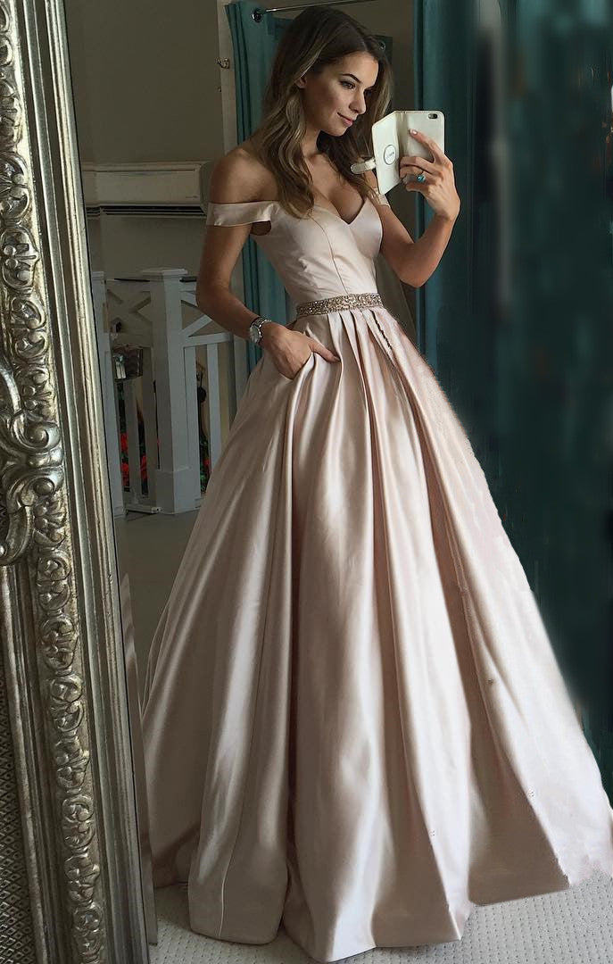 Pretty Nude Satin V neck Prom Dresses Off Shoulder Evening Gowns