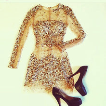Load image into Gallery viewer, Sheer Homecoming Dresses Beaded Long Sleeves-alinanova
