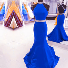 Load image into Gallery viewer, Green Mermaid Halter Prom Dresses Satin Open Back
