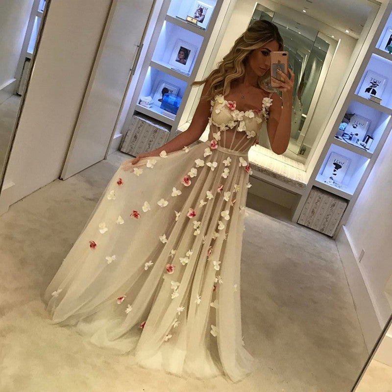 White Tulle See Through Dress With Orchid Flowers