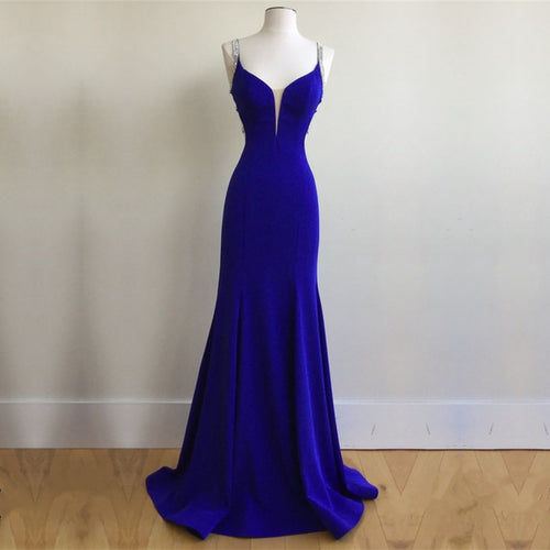 Royal Blue Satin V Neck Mermaid Evening Dresses With Cross Back-alinanova